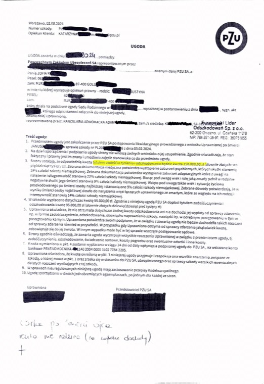 Dokument sprawy - Córka po śmierci ojca - ugoda PZU