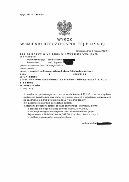 Dokument sprawy - Dopłata za uszkodzony pojazd wygrana w sądzie