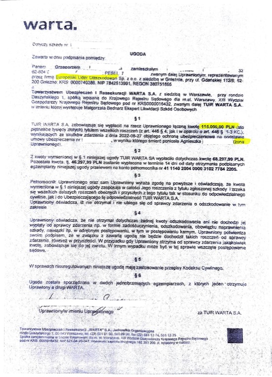 Dokument sprawy - Mąż po śmierci żony w wypadku - WARTA