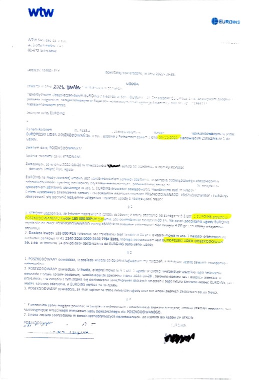 Dokument sprawy - Ugoda EUROINS - zadośćuczynienie po śmierci żony