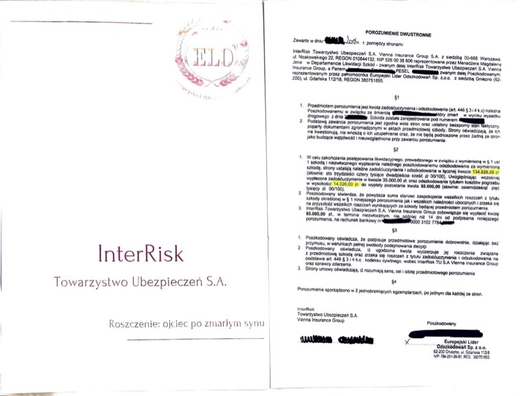 Dokument sprawy - Ojciec po śmierci syna w wypadku - InterRisk
