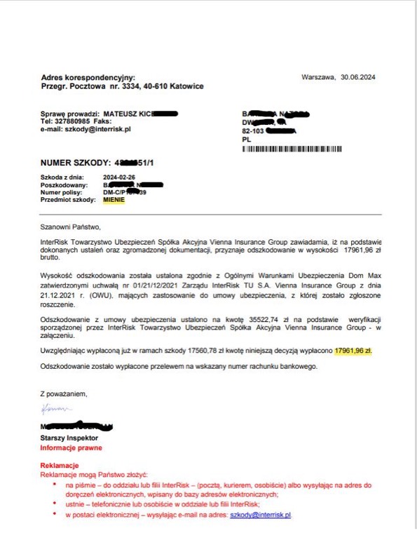 Dokument sprawy - Decyzja - odszkodowanie za szkodę mienia po pożarze
