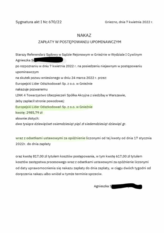Dokument sprawy - Nakaz zaplaty przeciw Link4 - doplata do szkody